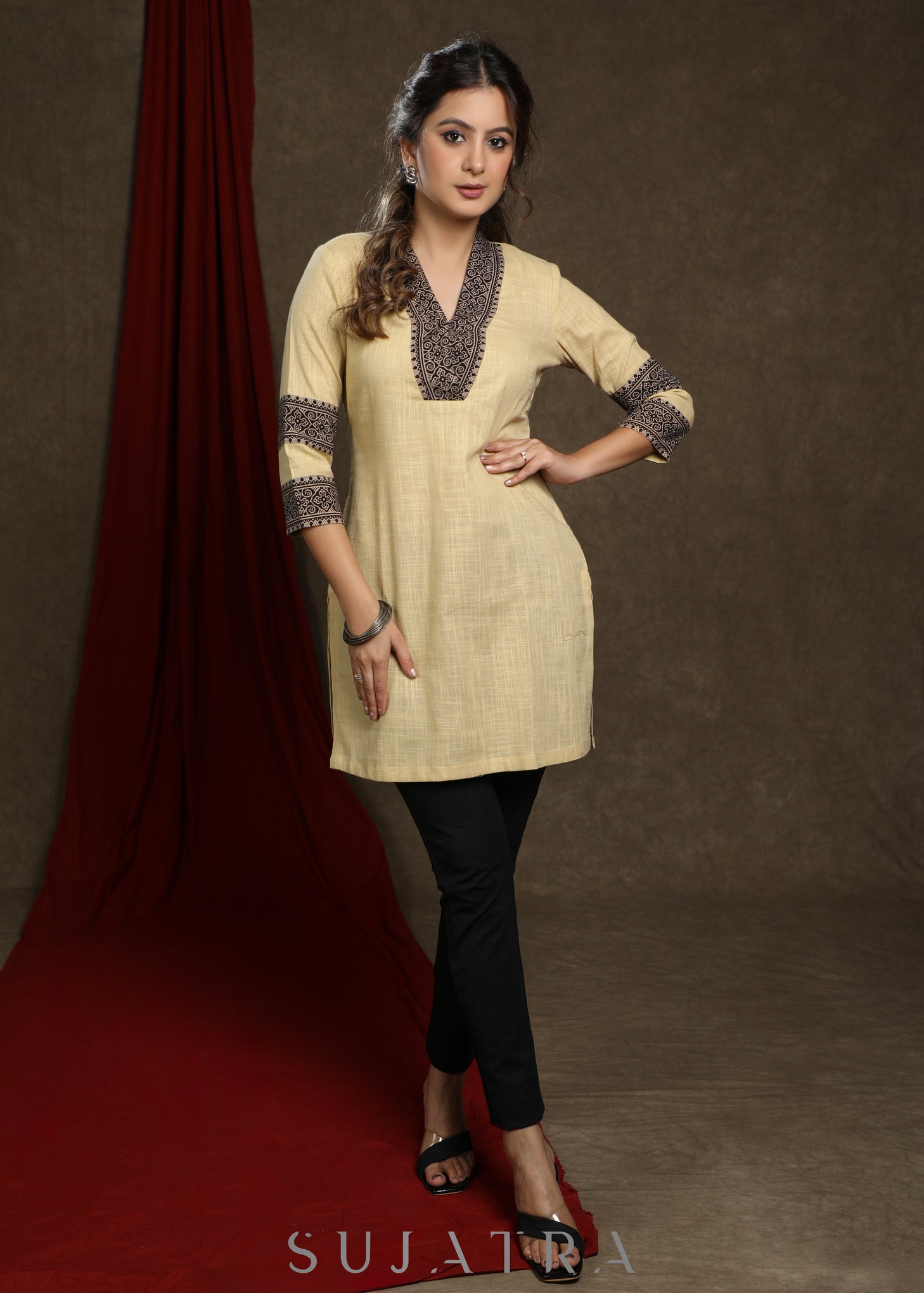 Elegant ochre yellow cotton tunic with ajrakh combination