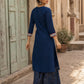 Chic Navy Blue Cotton Kurta with Ajrakh Geometric Panel & Embroidered Neckline