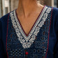 Chic Navy Blue Cotton Kurta with Ajrakh Geometric Panel & Embroidered Neckline