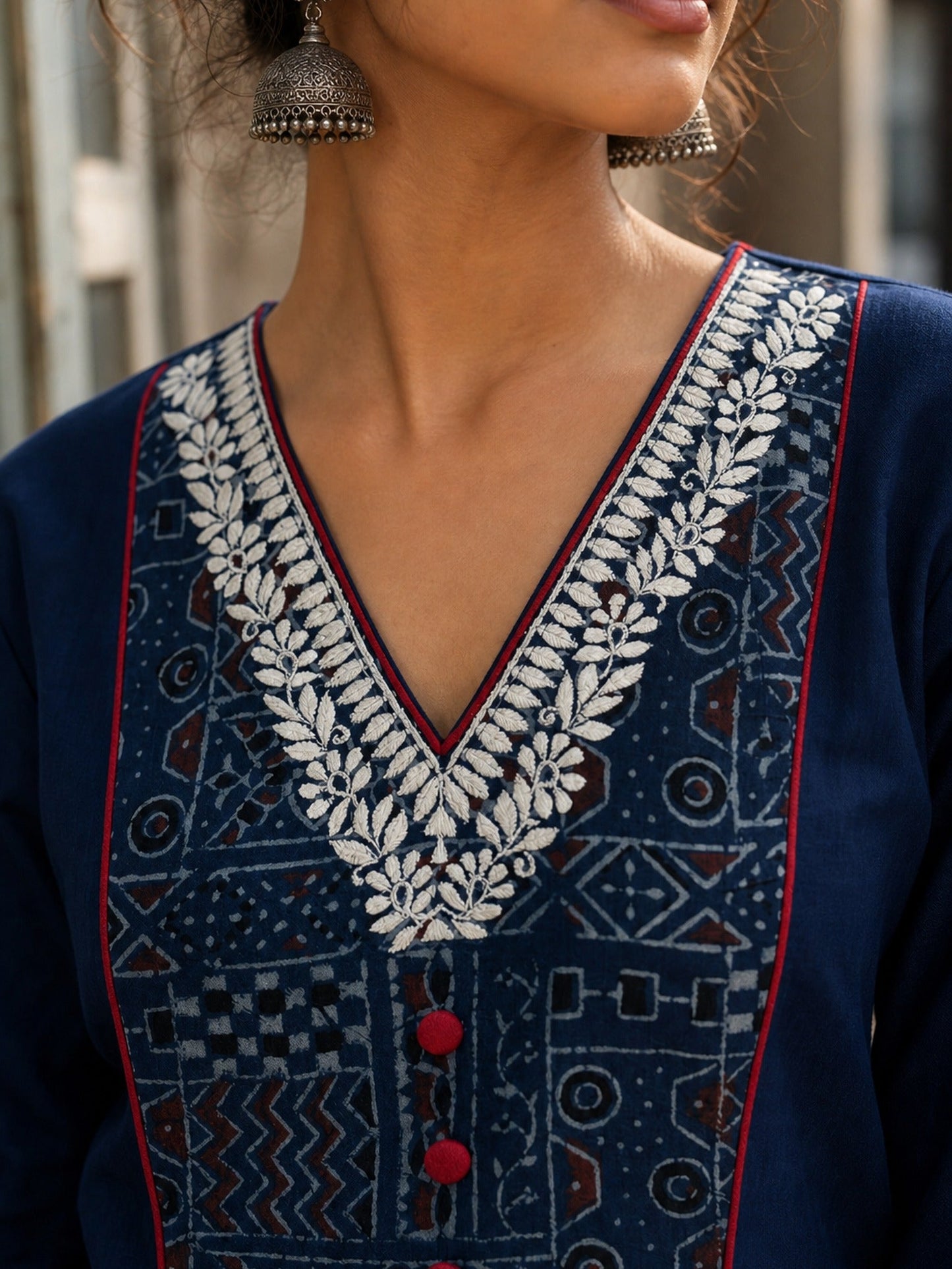 Chic Navy Blue Cotton Kurta with Ajrakh Geometric Panel & Embroidered Neckline