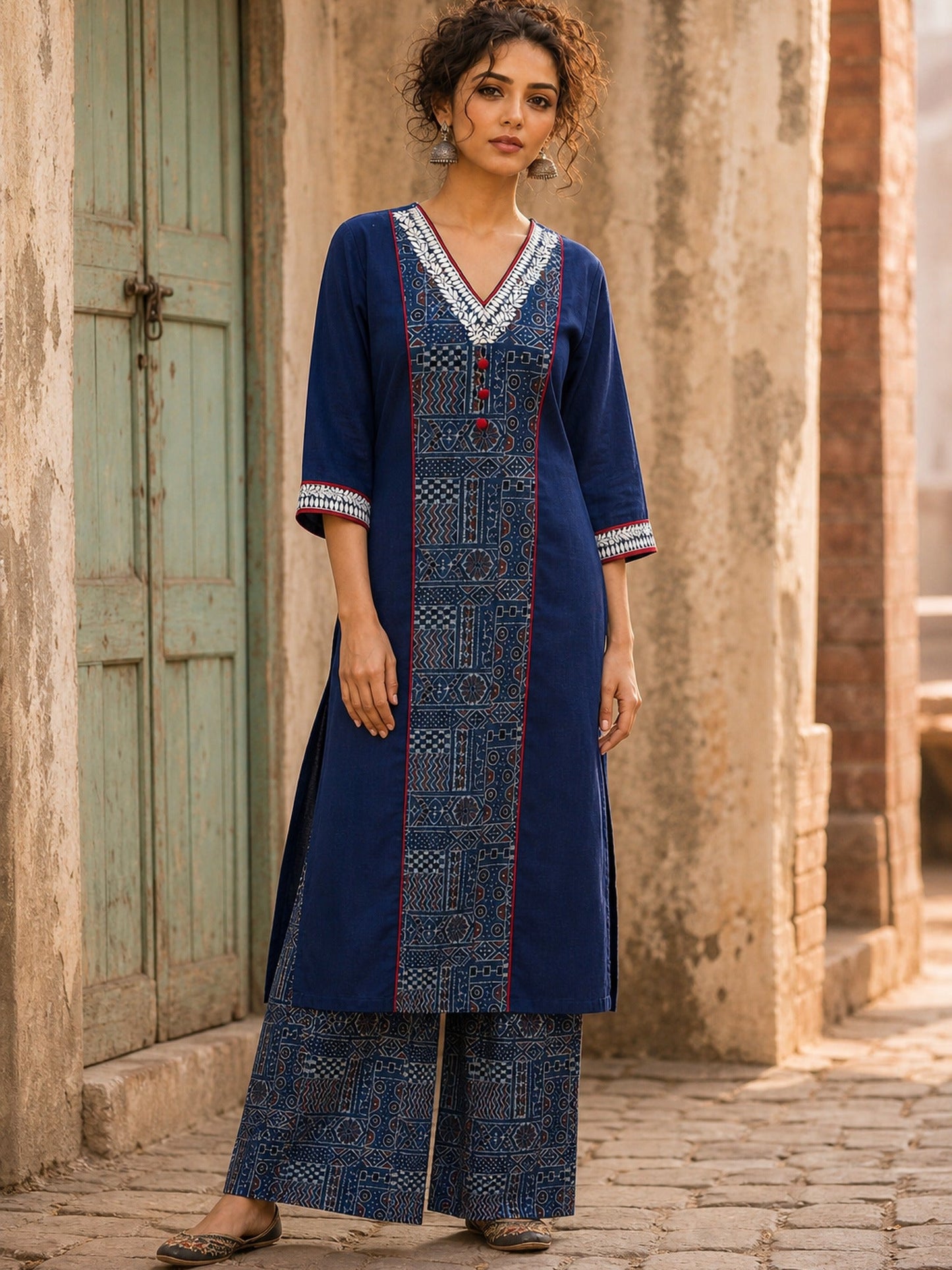 Chic Navy Blue Cotton Kurta with Ajrakh Geometric Panel & Embroidered Neckline