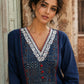 Chic Navy Blue Cotton Kurta with Ajrakh Geometric Panel & Embroidered Neckline