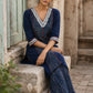 Chic Navy Blue Cotton Kurta with Ajrakh Geometric Panel & Embroidered Neckline