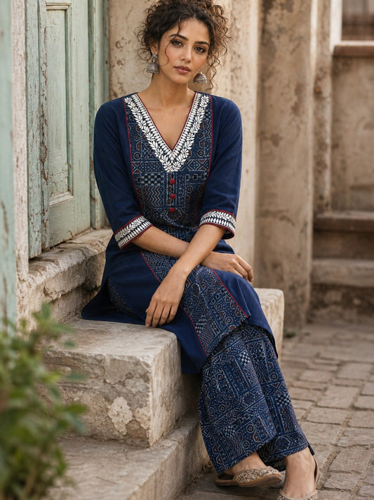Chic Navy Blue Cotton Kurta with Ajrakh Geometric Panel & Embroidered Neckline