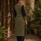 Regal Olive Ajrakh Print Kurta with Black Contrast Sleeves & Coordinated Ajrakh Border Detailing