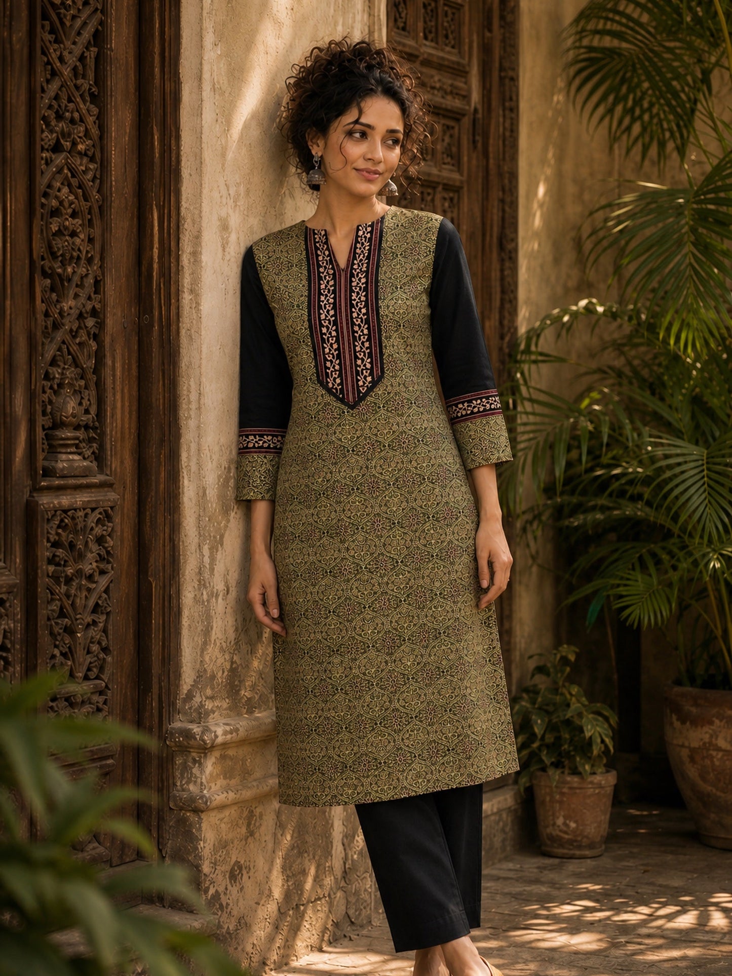 Regal Olive Ajrakh Print Kurta with Black Contrast Sleeves & Coordinated Ajrakh Border Detailing