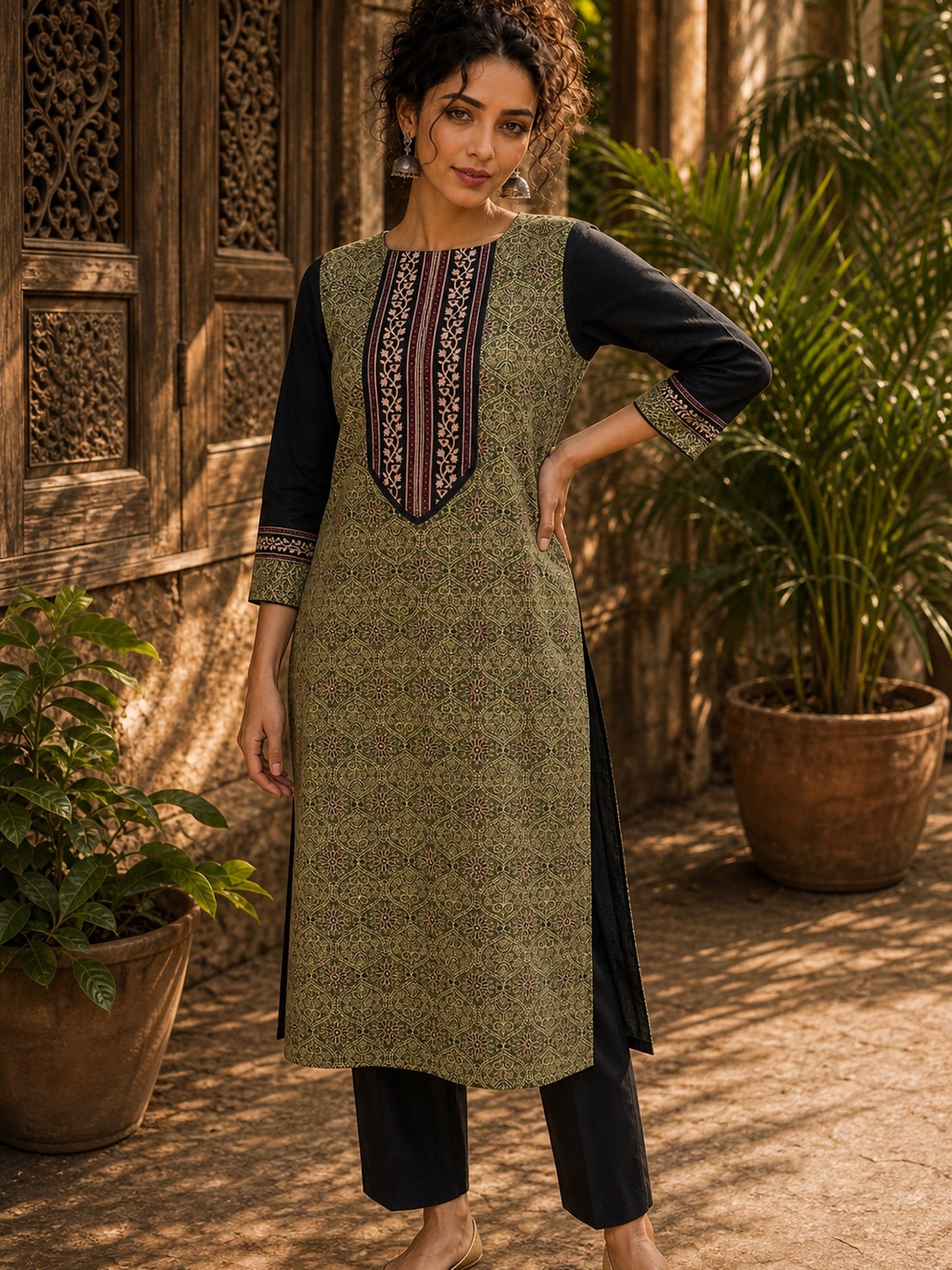 Regal Olive Ajrakh Print Kurta with Black Contrast Sleeves & Coordinated Ajrakh Border Detailing