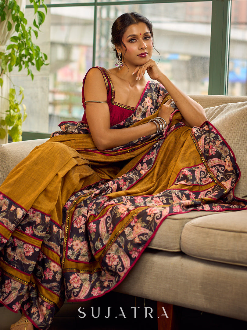 Cultural Mustard Cotton Saree with Kalamkari Floral Printed Border & Pallu & Gold Lace Trim