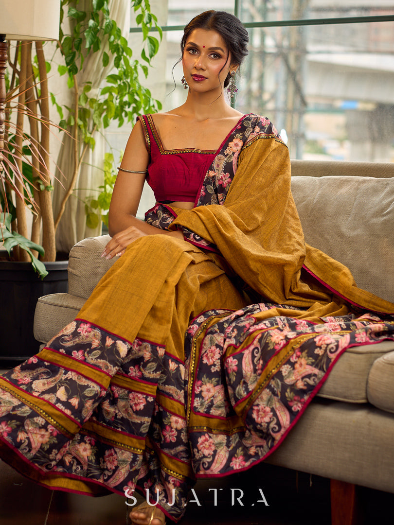 Cultural Mustard Cotton Saree with Kalamkari Floral Printed Border & Pallu & Gold Lace Trim