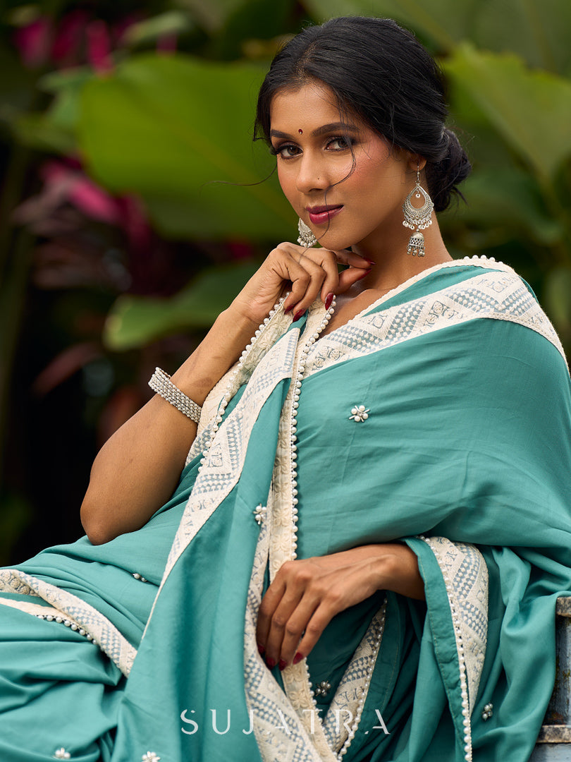 Vibrant Sea Green Modal Saree with Ivory Chevron Border & Minimal Hand Embroidery