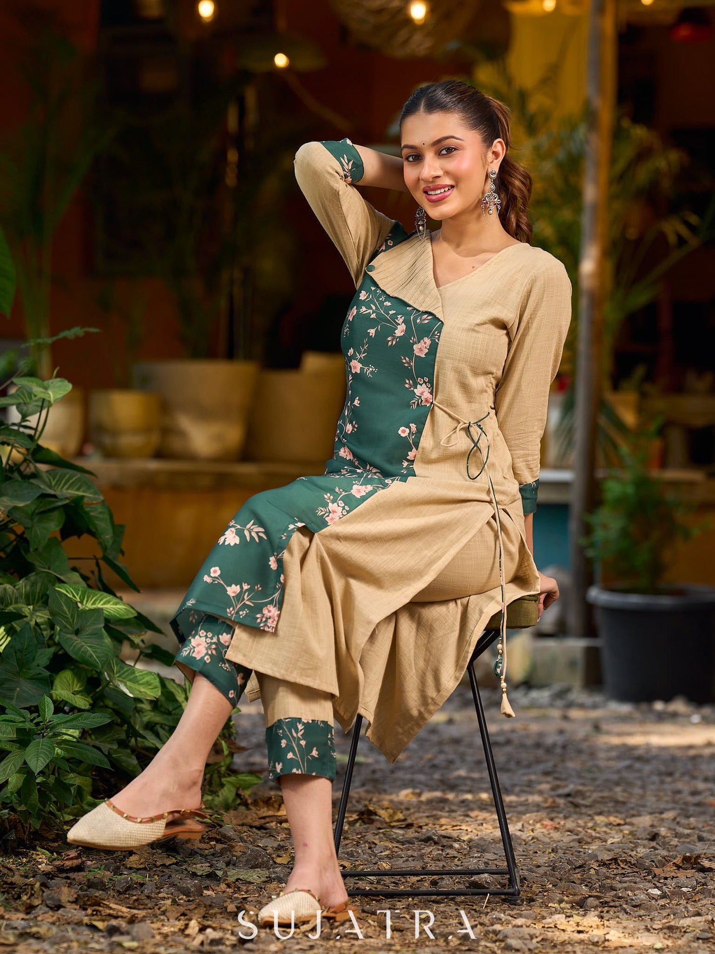 Green and beige digital-printed Angarkha Style kurta.