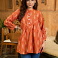 Tangerine Weave Ikat Top with Asymmetrical Panel and Statement Buttons