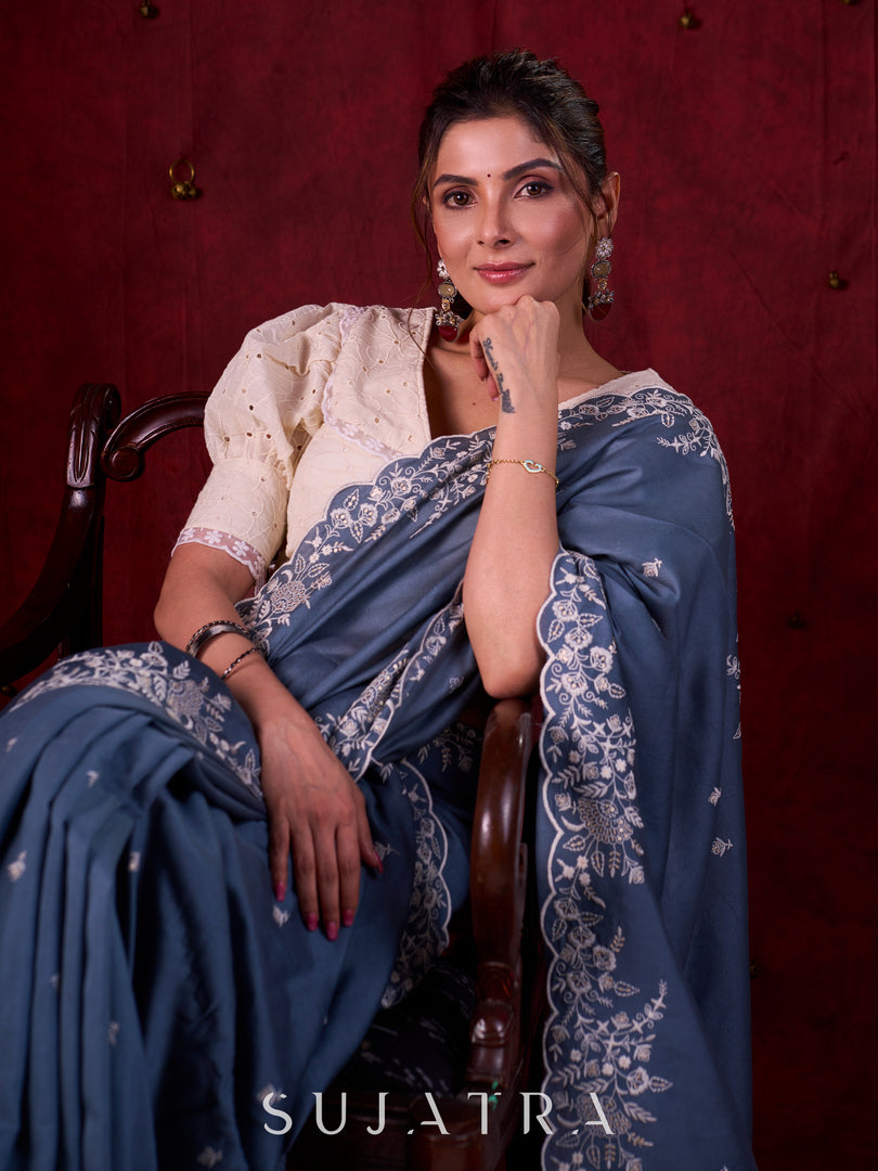 Smokey Grey Chanderi Saree with All-Over Butta Work & Exquisite Scalloped Embroidery