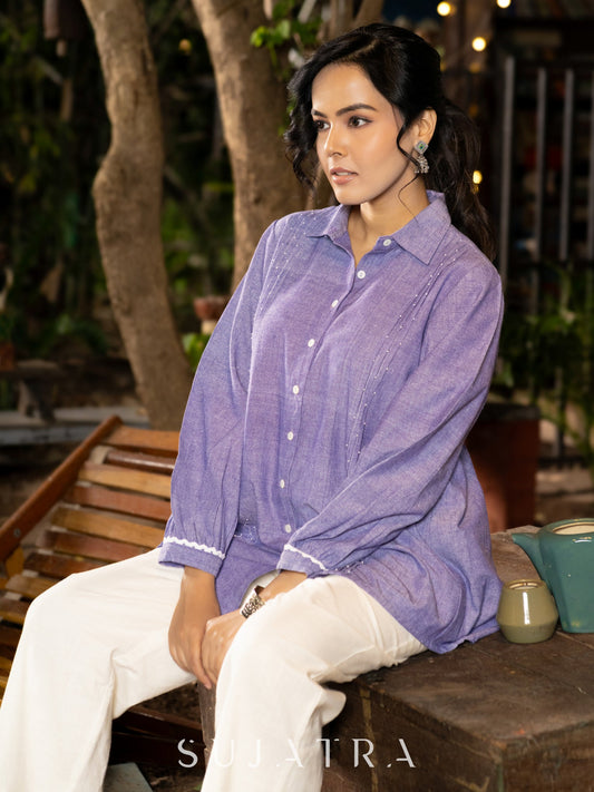 Luxe Lavender Handloom Cotton Shirt with Pleats, Delicate Beads and Crochet Lace Embellishment