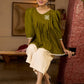 Contemporary Olive Green Pleated Top Adorned With Subtle Hand Embroidery & Refined Off White Accents