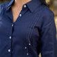 Chic Navy Woven Cotton Pintuck Shirt Featuring Soft Gathered Sleeves