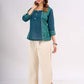 Teal Square Neck Cotton Top with Printed Panels and Contrast Piping