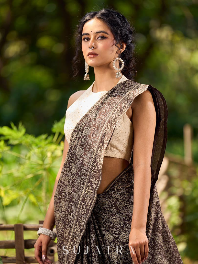 Contemporary Brown Cotton Saree with All-Over Floral Print