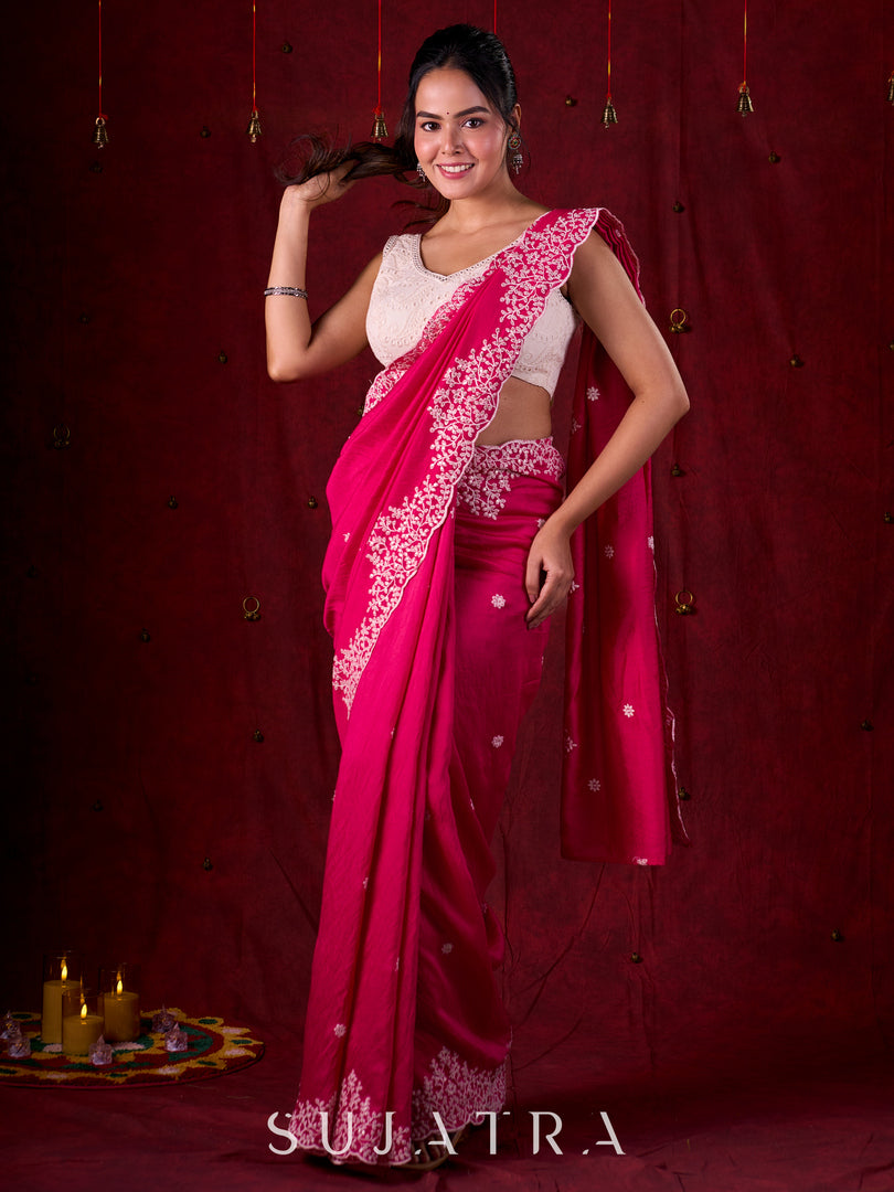 Vibrant Fuchsia Chanderi Saree with Intricate Embroidery & Scalloped Border