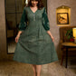 Contemporary Bottle Green Hand Block Printed Cotton Dress with Cinched Waist & Floral Sleeves