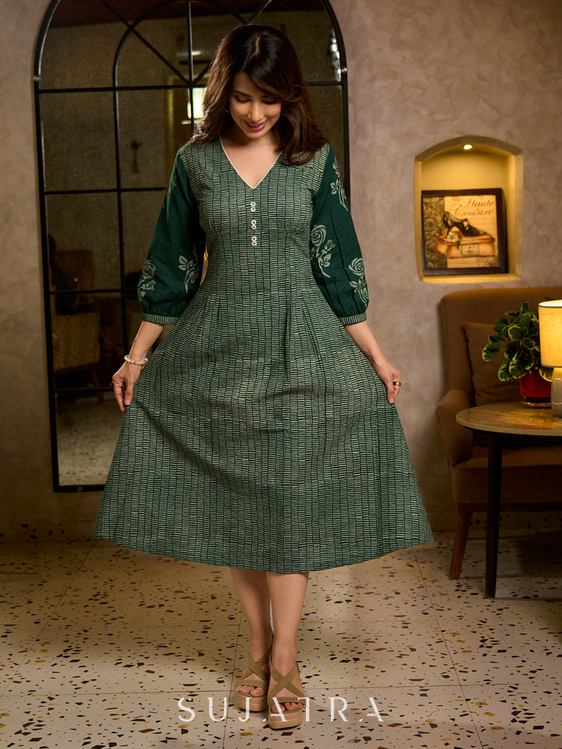 Contemporary Bottle Green Hand Block Printed Cotton Dress with Cinched Waist & Floral Sleeves
