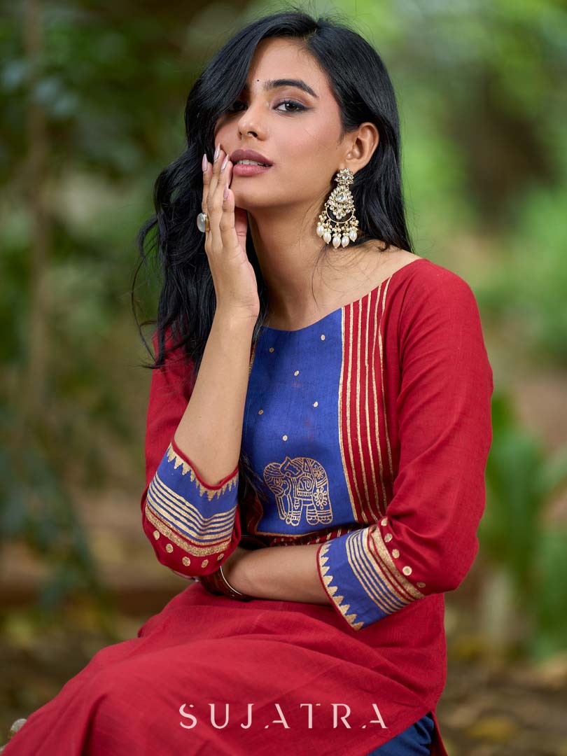 Heritage Maroon Cotton Kurta with Traditional Temple Hand Block Print