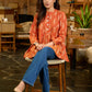 Tangerine Weave Ikat Top with Asymmetrical Panel and Statement Buttons