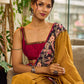 Cultural Mustard Cotton Saree with Kalamkari Floral Printed Border & Pallu & Gold Lace Trim