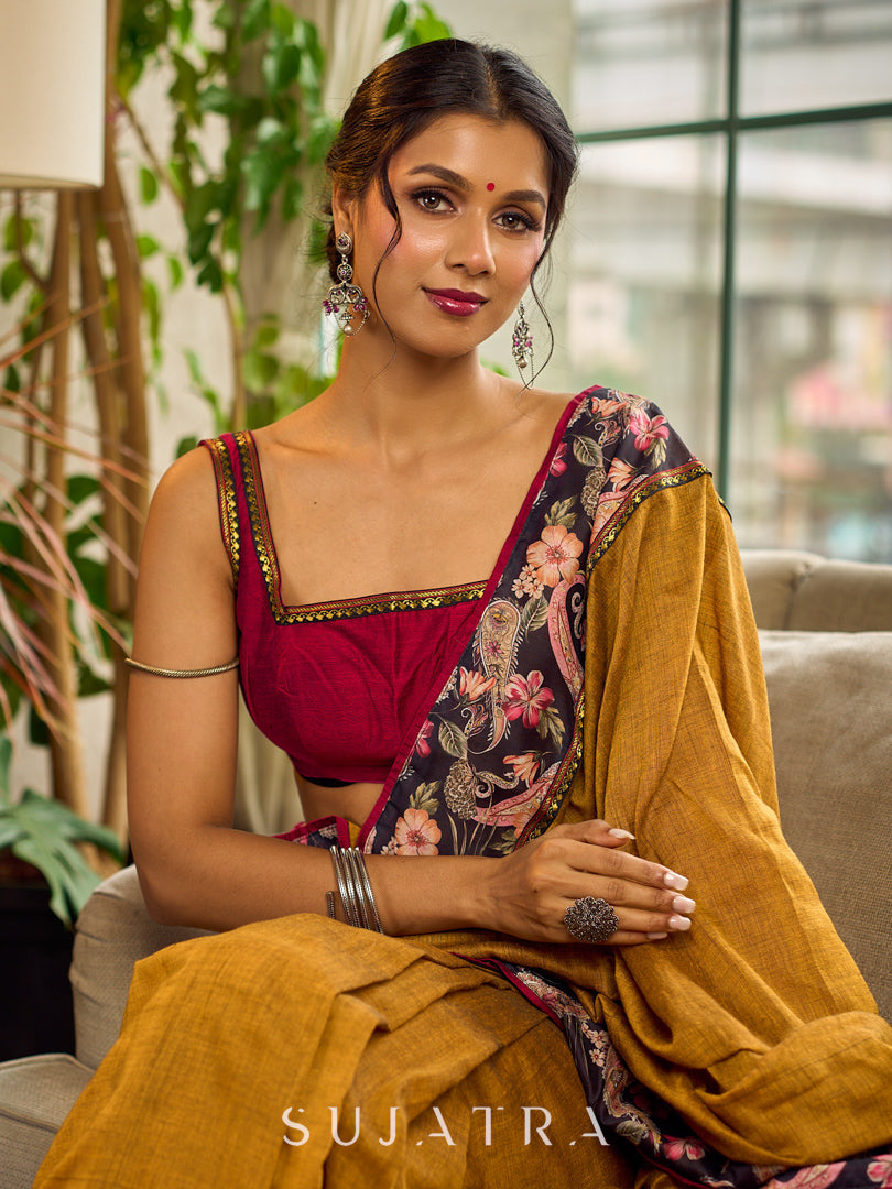Cultural Mustard Cotton Saree with Kalamkari Floral Printed Border & Pallu & Gold Lace Trim