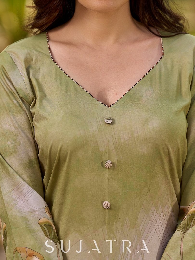 Ethereal soft green ombré kurta adorned with swan-inspired motifs