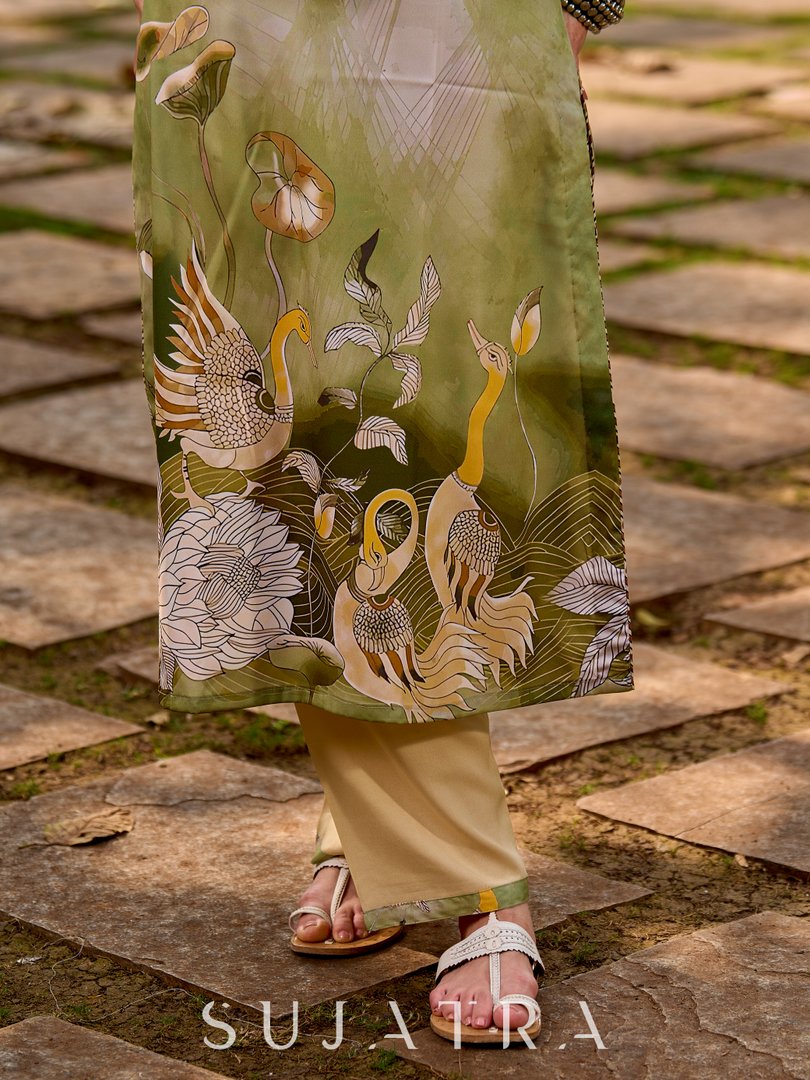 Ethereal soft green ombré kurta adorned with swan-inspired motifs