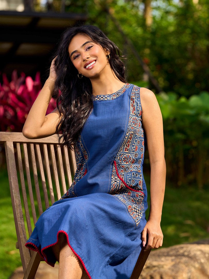 Classic Indigo Blue Cotton Dress Featuring Ajrakh Printed Panels and Contrast Red Highlights