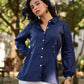 Chic Navy Woven Cotton Pintuck Shirt Featuring Soft Gathered Sleeves