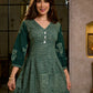 Contemporary Bottle Green Hand Block Printed Cotton Dress with Cinched Waist & Floral Sleeves