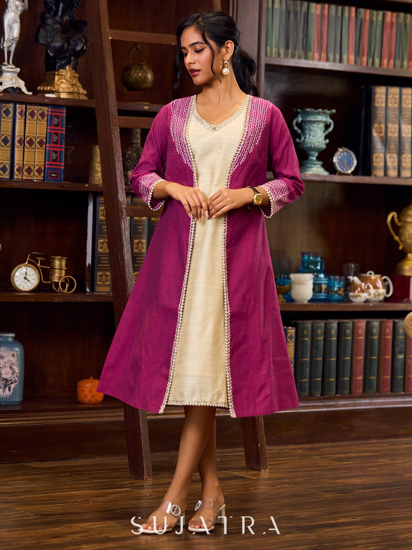 Ethereal Ivory Silk Dress with A-Line Cut and Subtle Pearl Accents - Jacket Optional