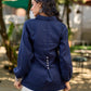 Chic Navy Woven Cotton Pintuck Shirt Featuring Soft Gathered Sleeves