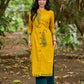 Warm Mustard Cotton Kurta with Timeless Paisley Print and Green Detailing
