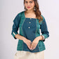 Teal Square Neck Cotton Top with Printed Panels and Contrast Piping