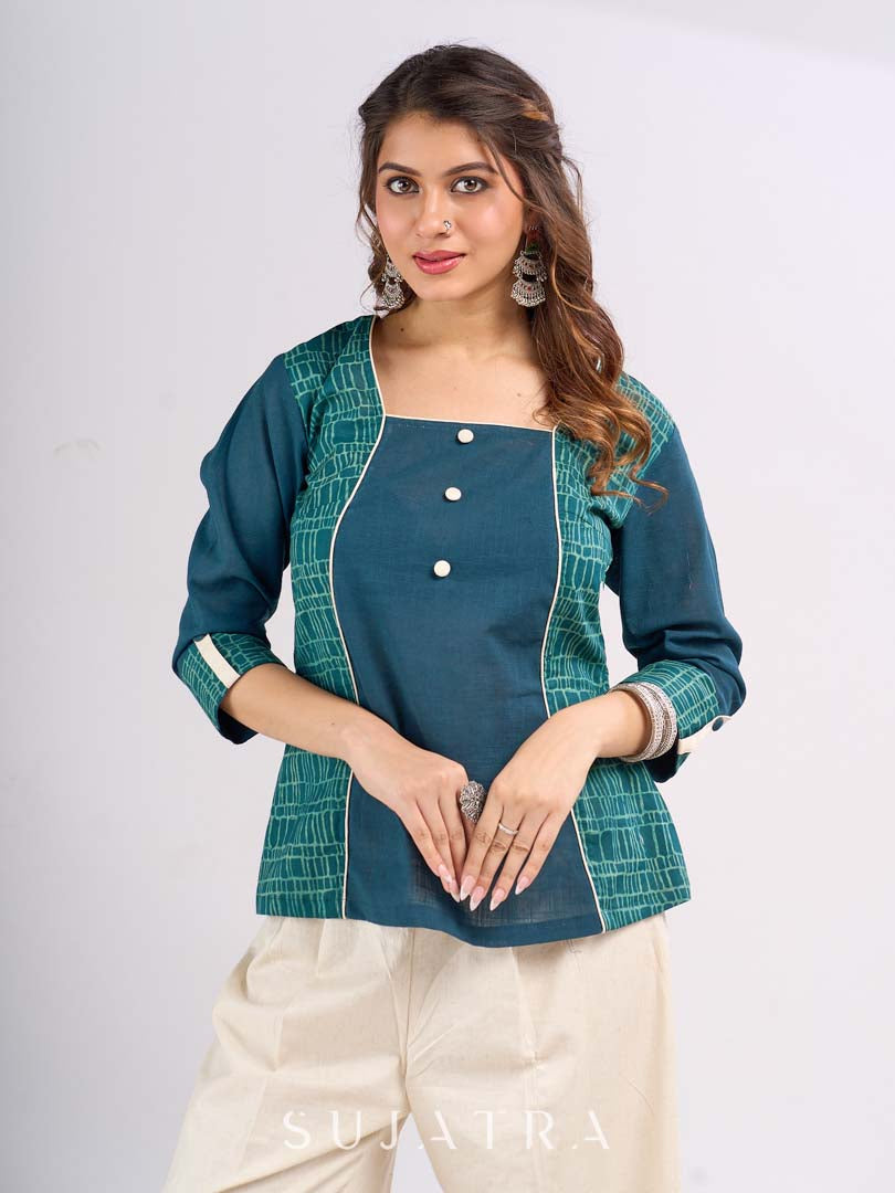 Teal Square Neck Cotton Top with Printed Panels and Contrast Piping