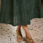 Contemporary Bottle Green Hand Block Printed Cotton Dress with Cinched Waist & Floral Sleeves