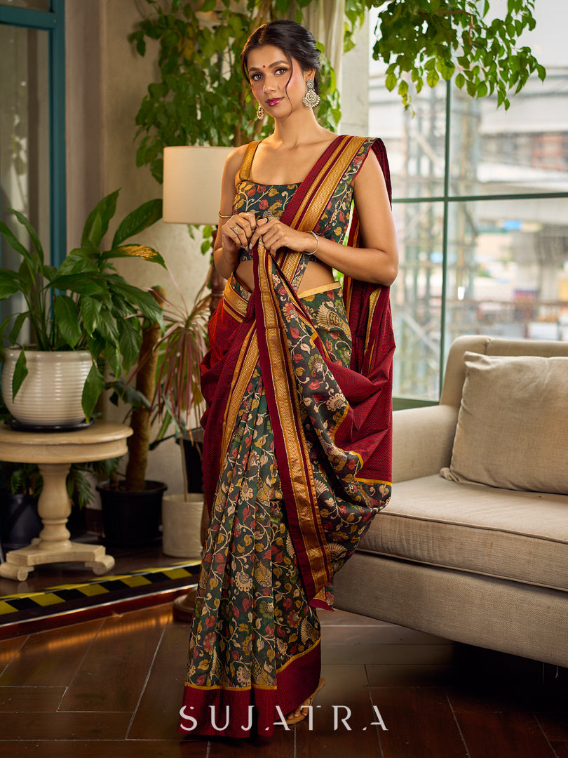 Timeless Dark Green Kalamkari Printed Chanderi Saree with Maroon Khun Pallu