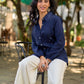 Chic Navy Woven Cotton Pintuck Shirt Featuring Soft Gathered Sleeves