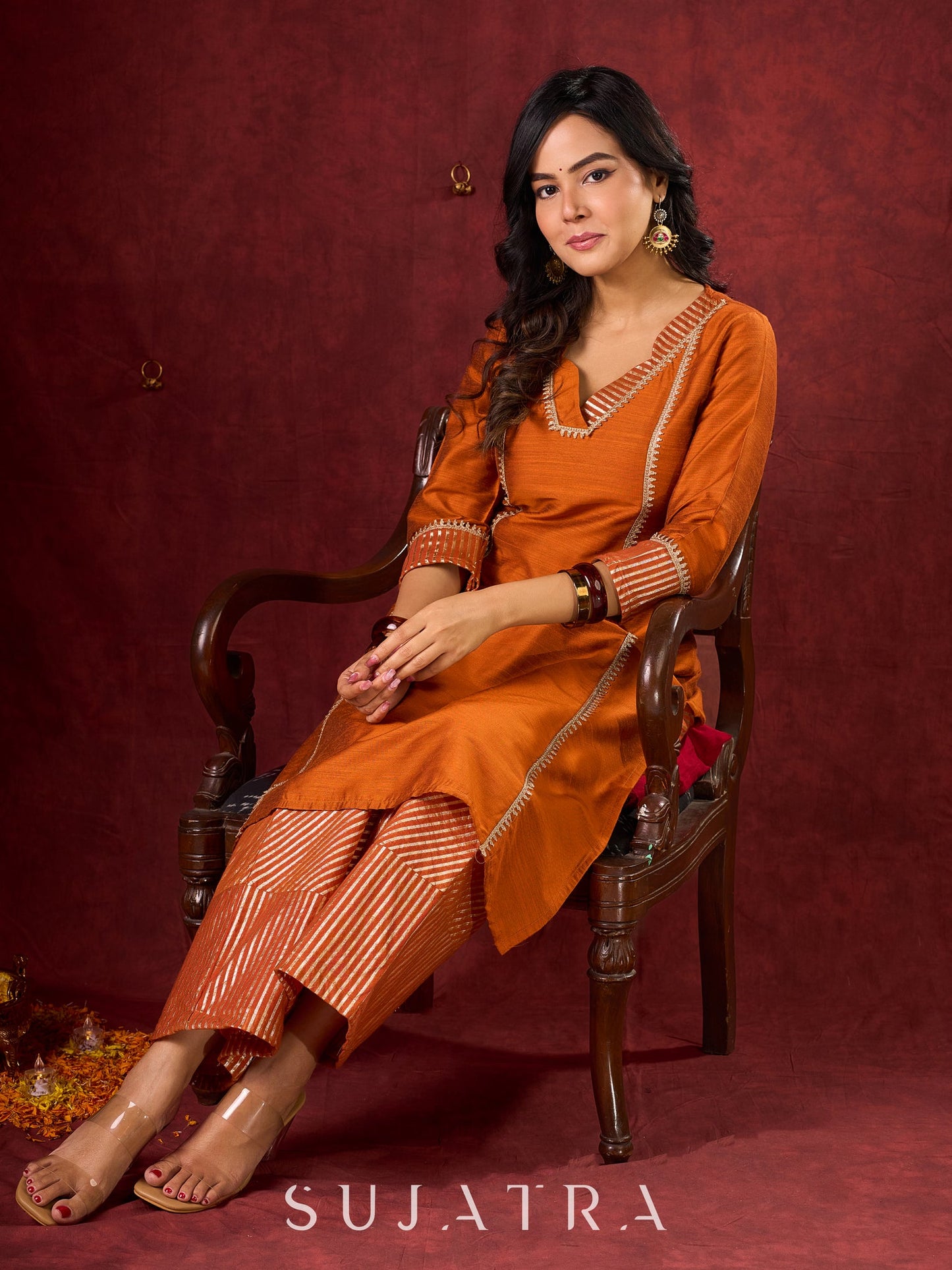 Deep Rust Cotton-Silk Panel Kurta with Subtle Brocade Accents