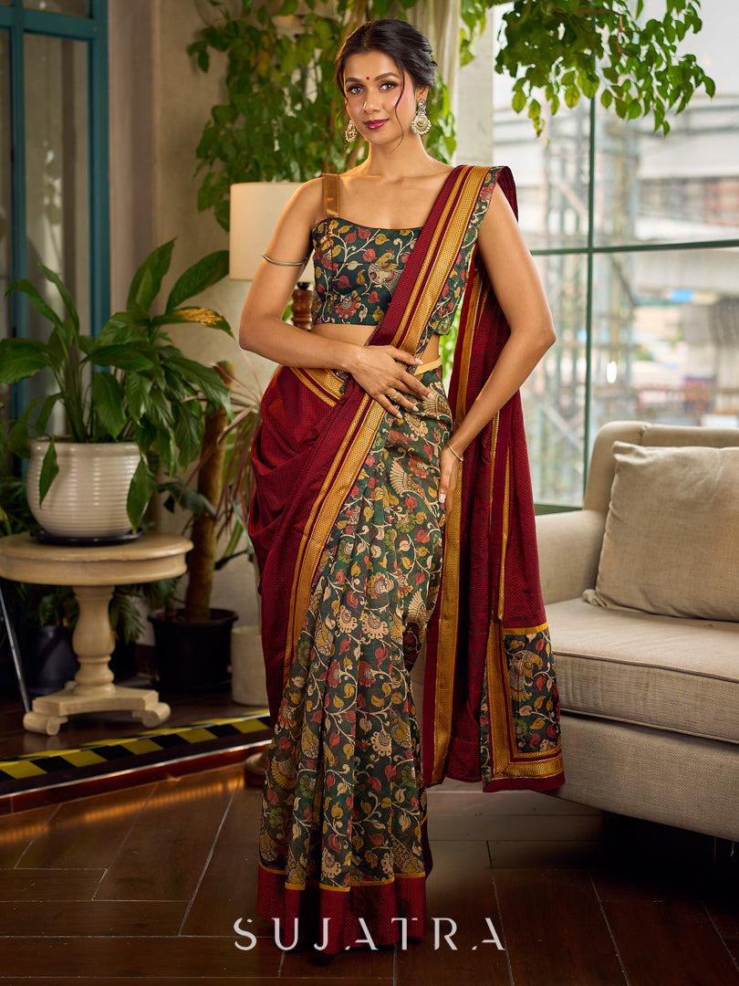 Timeless Dark Green Kalamkari Printed Chanderi Saree with Maroon Khun Pallu