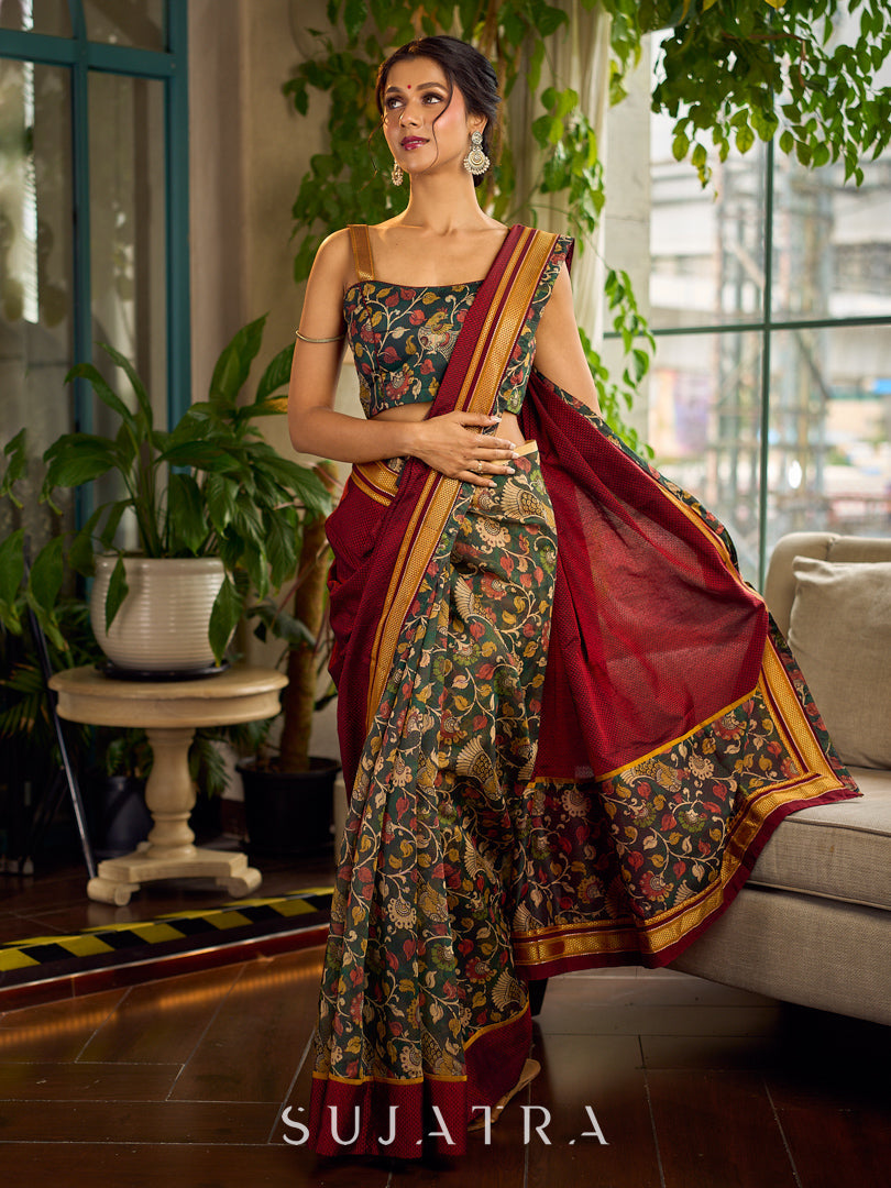 Timeless Dark Green Kalamkari Printed Chanderi Saree with Maroon Khun Pallu