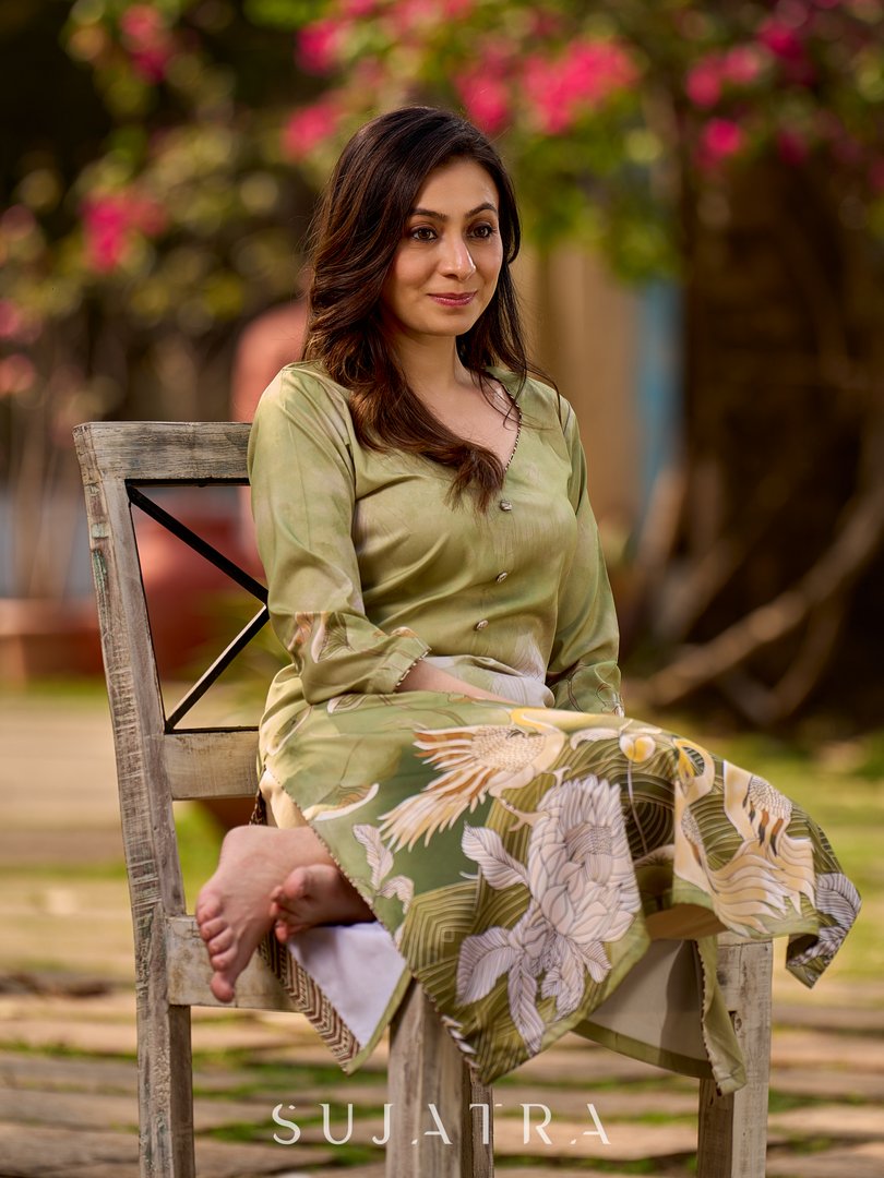 Ethereal soft green ombré kurta adorned with swan-inspired motifs