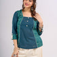 Teal Square Neck Cotton Top with Printed Panels and Contrast Piping