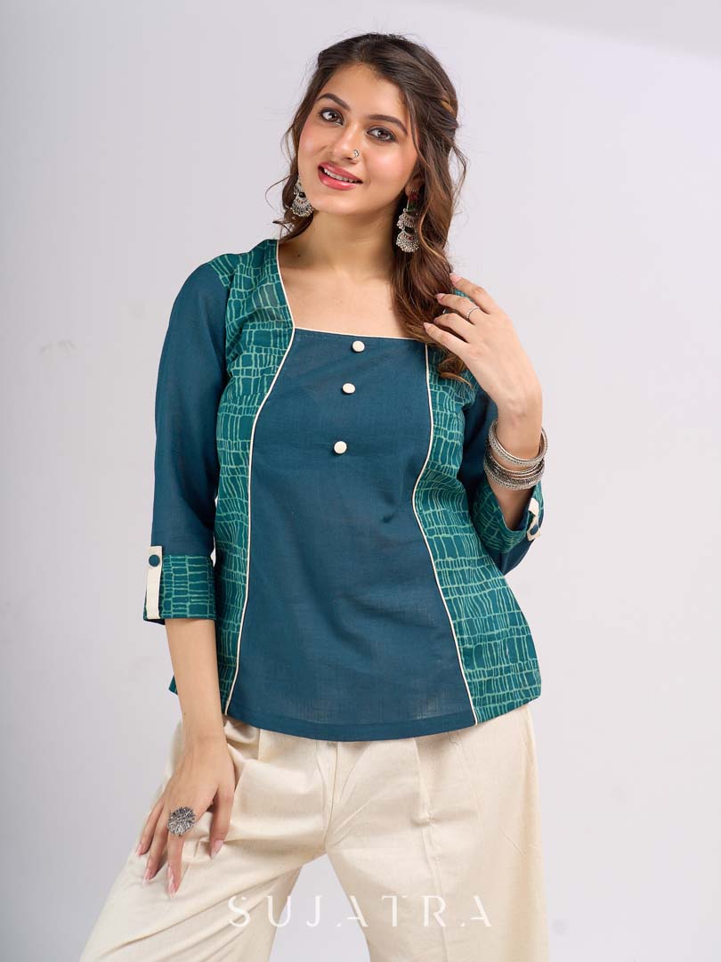 Teal Square Neck Cotton Top with Printed Panels and Contrast Piping