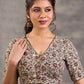 Cream Brown Floral Printed Sleeve Blouse with V Neck and Contrast Piping Border