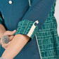 Teal Square Neck Cotton Top with Printed Panels and Contrast Piping